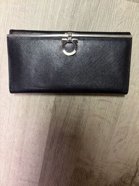 Authentic Ferragamo Black Leather Wallet with Silver Hardware
